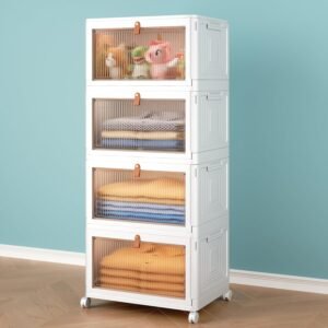 4-Tier Stackable Storage Bins with Lids – 23QT Heavy-Duty Closet Organizers on Wheels for Bedroom, Garage, or Laundry Room